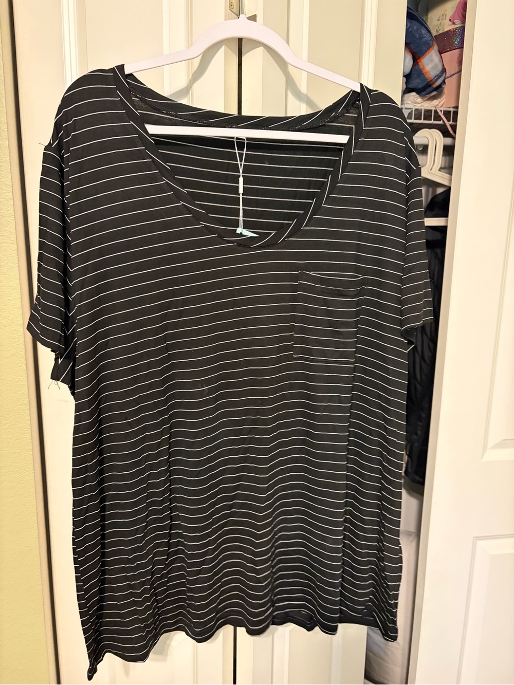 Wacoal Black and White Striped V-Neck Pocket Tee